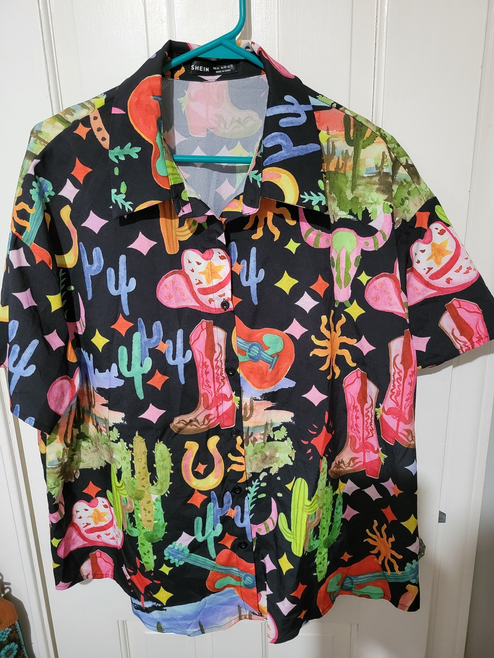 Black Short Sleeve Shirt with Neon Western Print